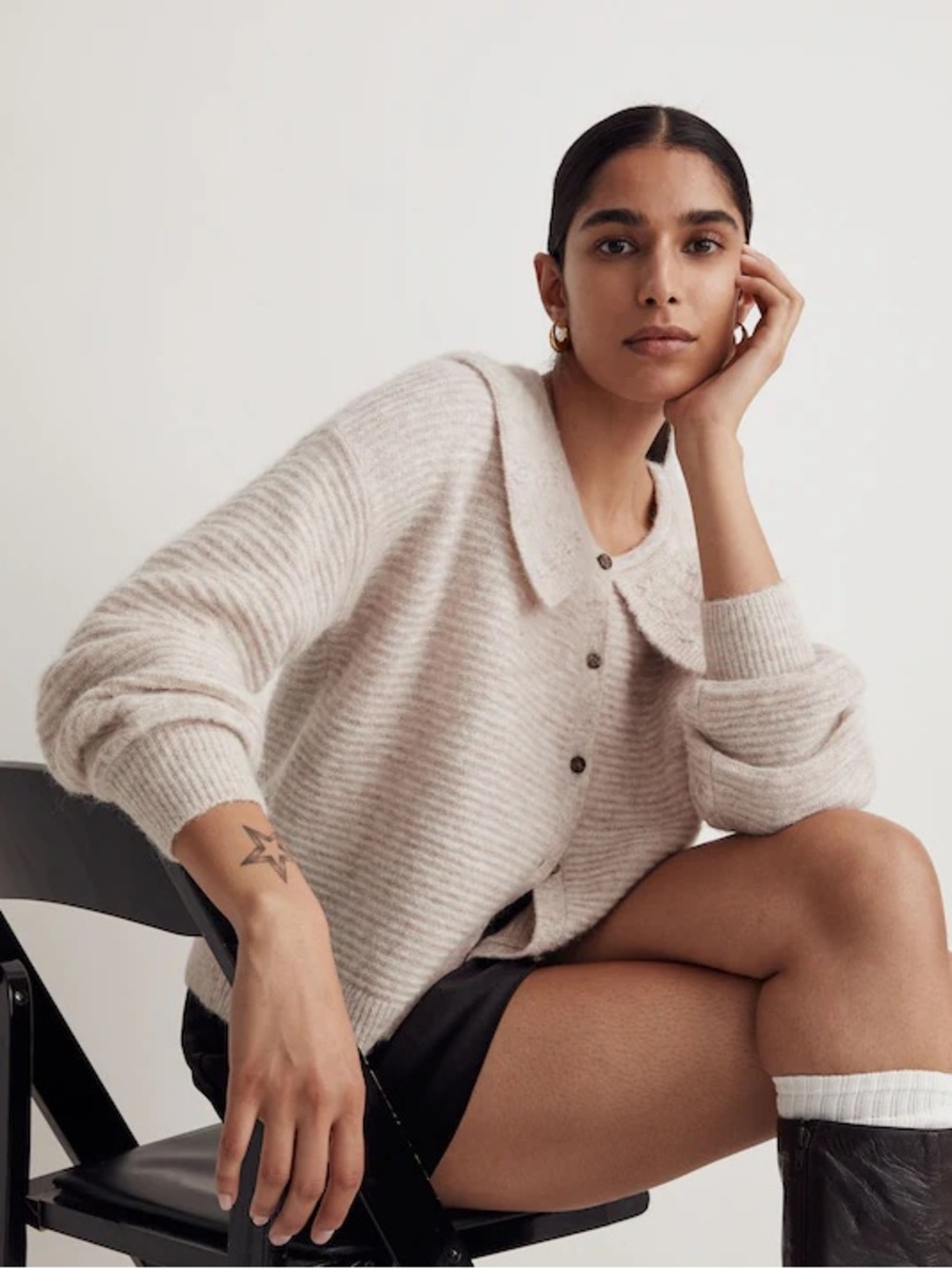 Madewell Pointelle Collar Cardigan Sweater in Oat cream beige medium oversized